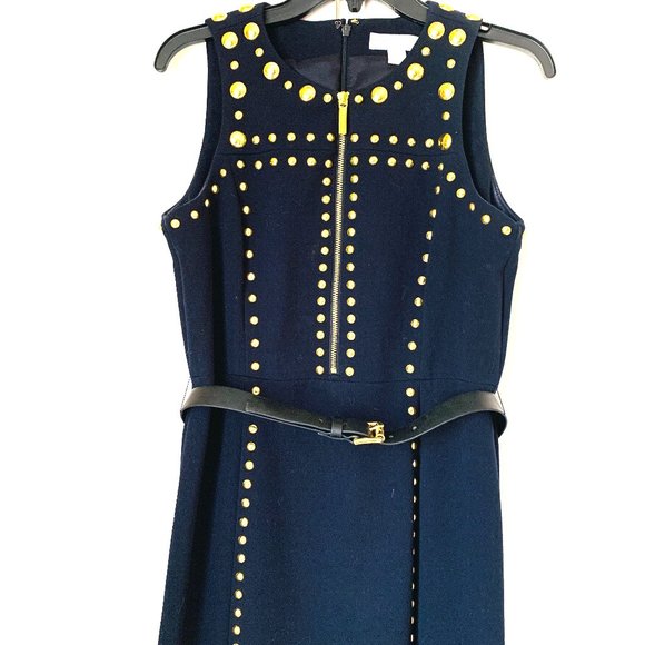 MICHAEL KORS Navy Zip Front Sleeveless Gold Studded Dress - Picture 1 of 7